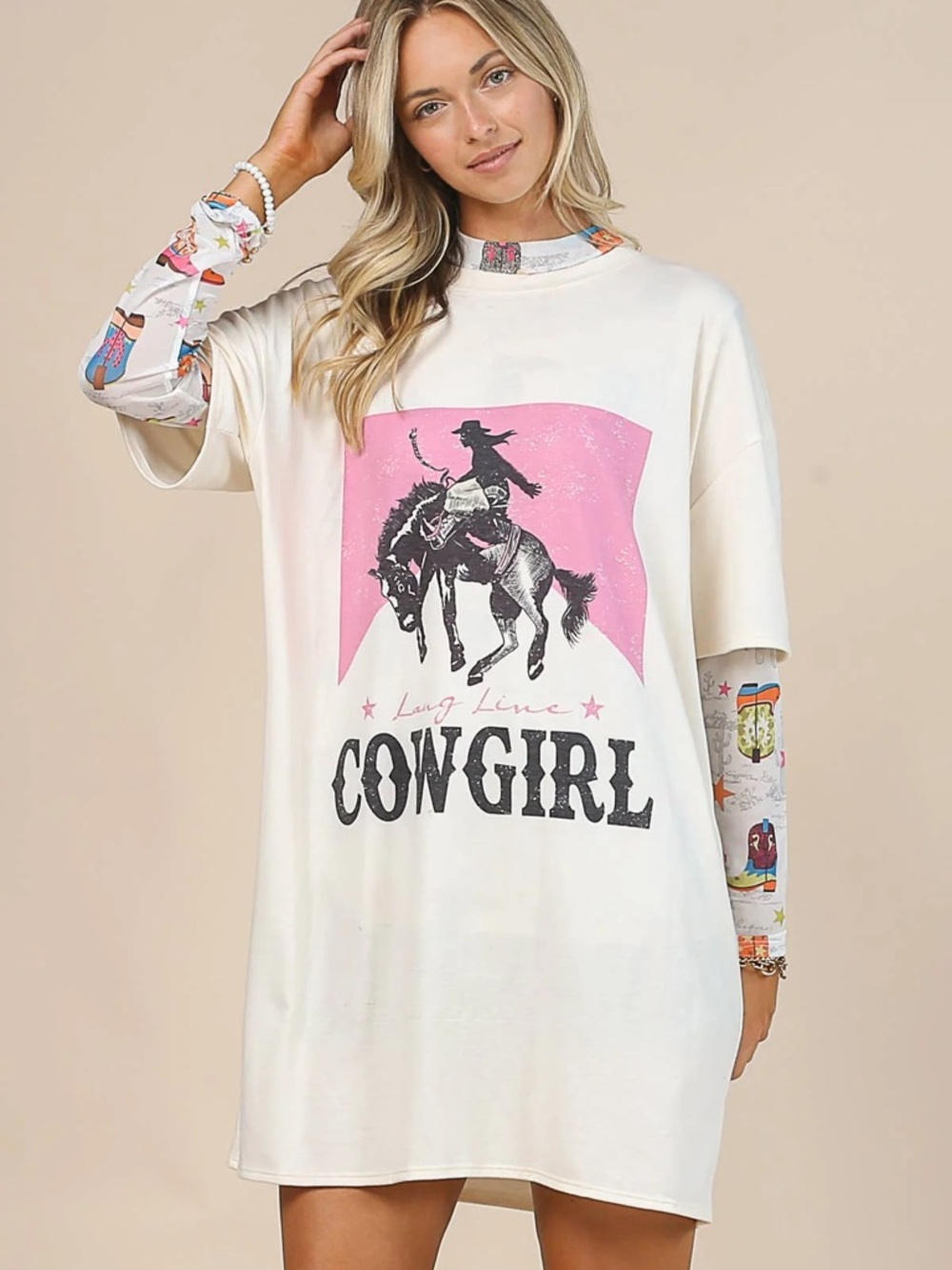 Avery Cream Cowgirl Graphic Dress with Pink Panel